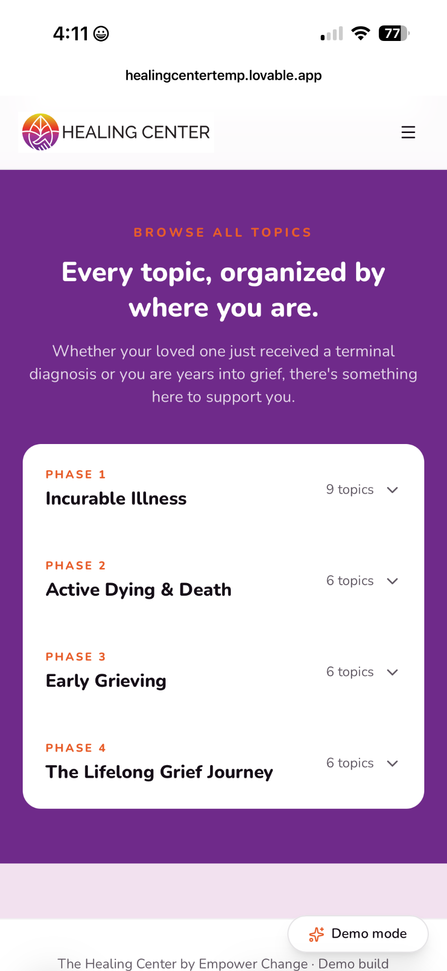 Healing Center topics organized by phase