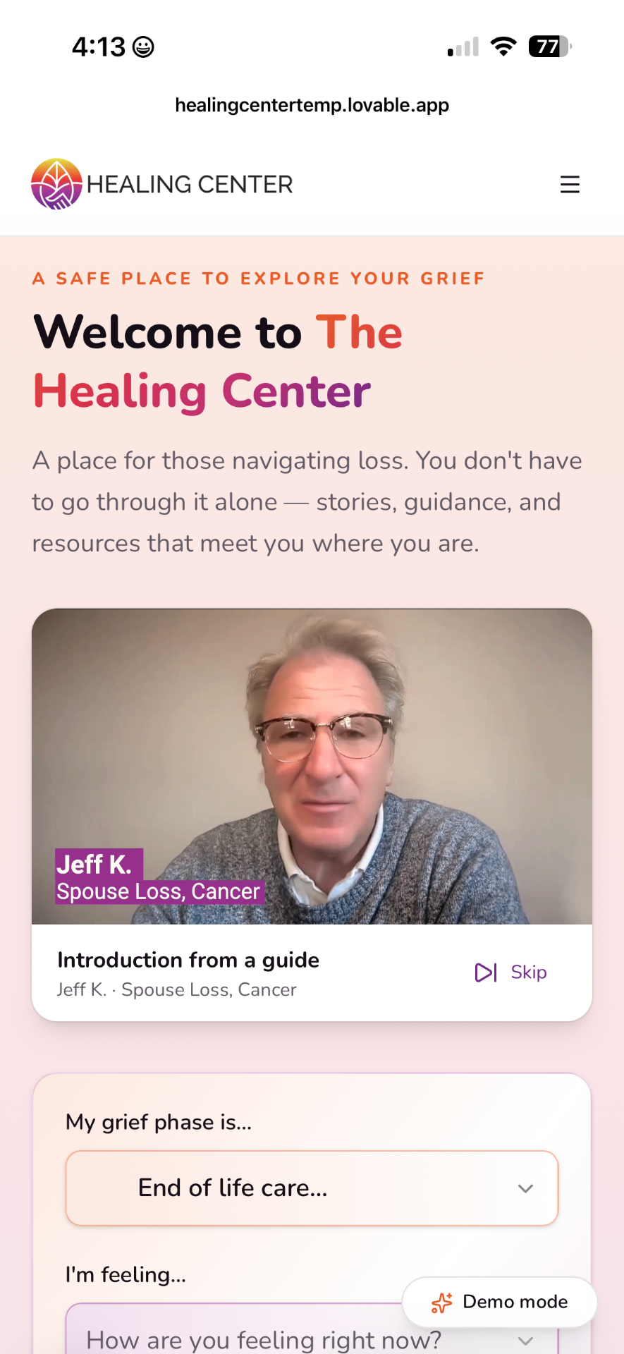 Healing Center welcome screen